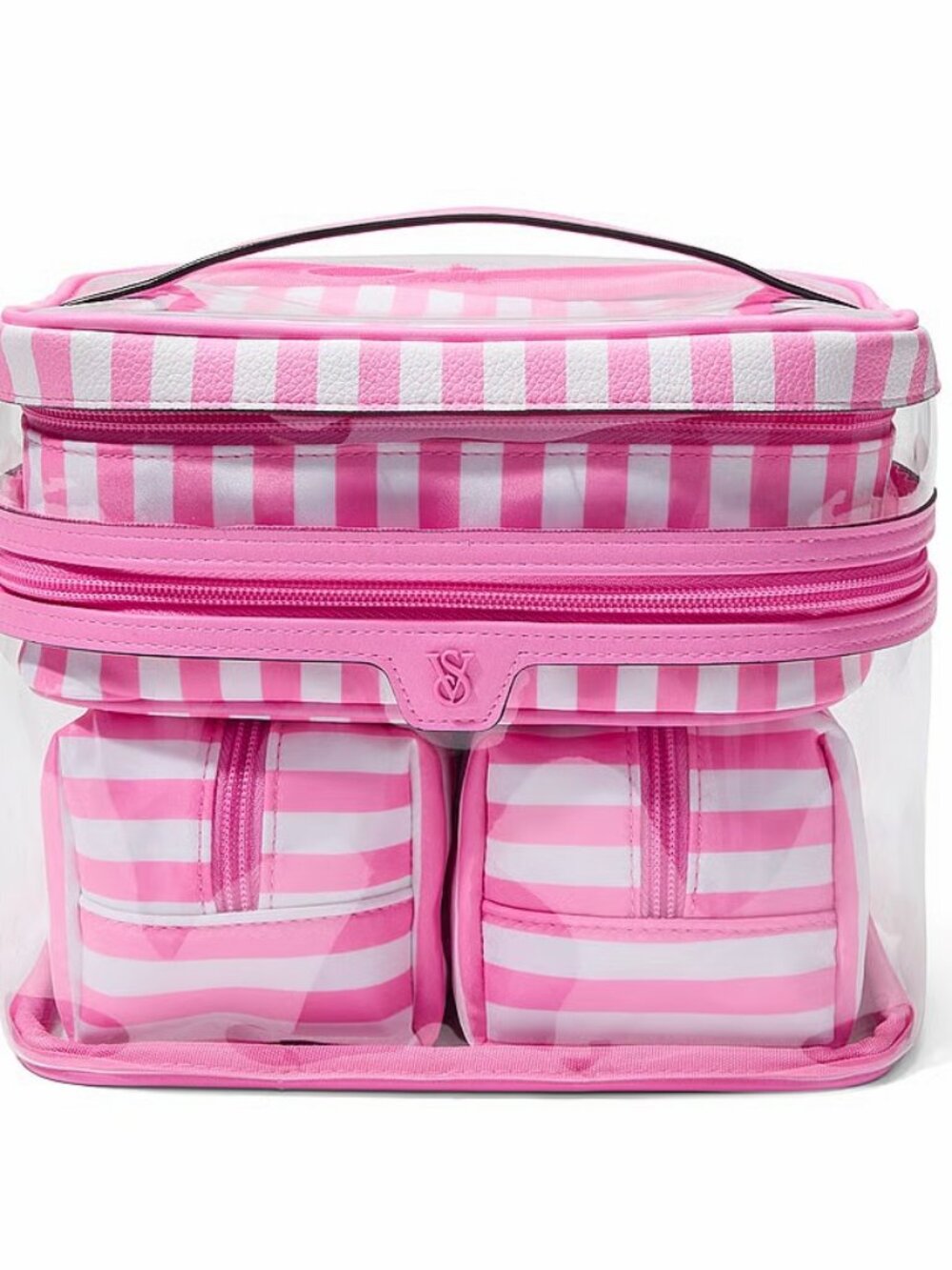 Victoria's Secret Pink and White Striped Clear Cosmetic Train Case